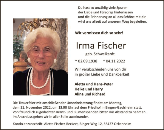 Traueranzeige von Irma Fischer von vrm-trauer Allgemeine  Zeitung Ingelheim-Bingen