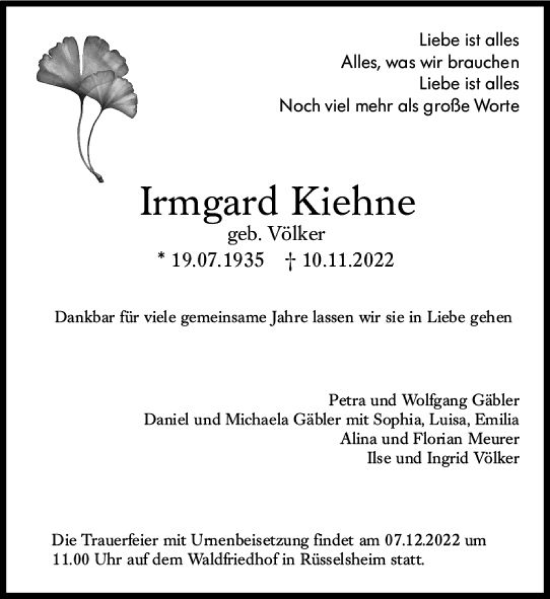 Traueranzeige von Irmgard Kiehne von vrm-trauer Rüsselsheimer Echo / MainSpitze