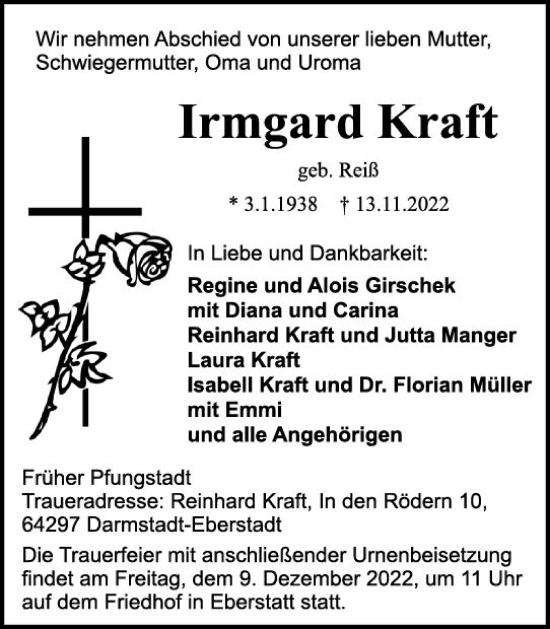 Traueranzeige von Irmgard Kraft von vrm-trauer Darmstädter Echo