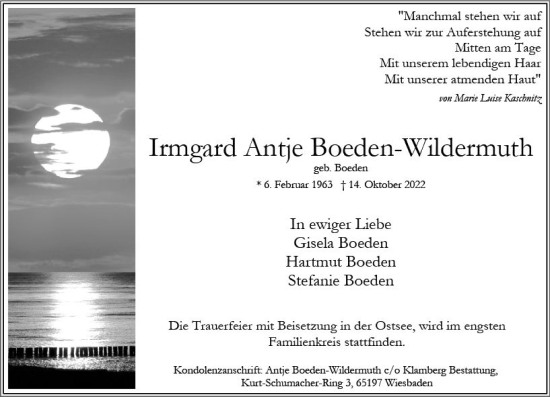 Traueranzeige von Irmgard Antje  Boeden-Wildermuth von vrm-trauer Wiesbadener Kurier