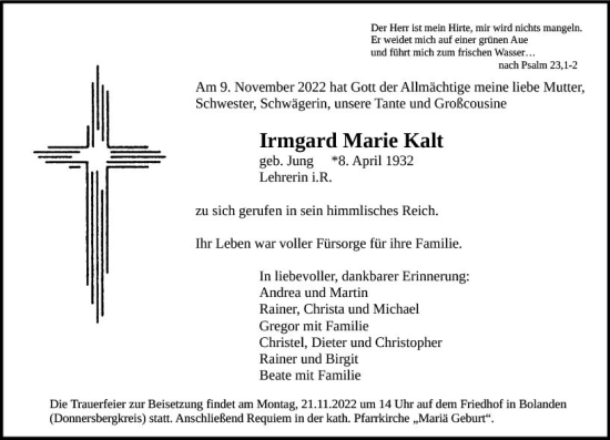 Traueranzeige von Irmgard Marie Kalt von vrm-trauer Wormser Zeitung