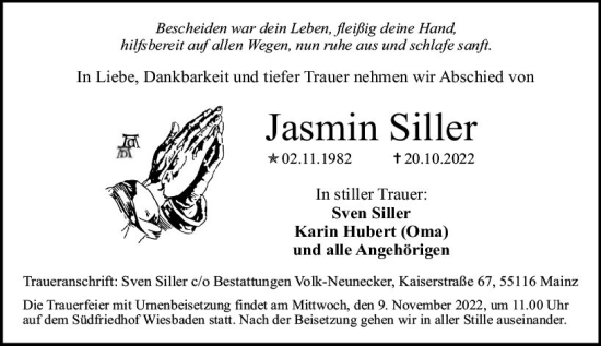 Traueranzeige von Jasmin Siller von vrm-trauer Wiesbadener Kurier