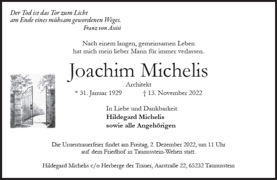 Traueranzeige von Joachim Michelis von vrm-trauer Wiesbadener Kurier