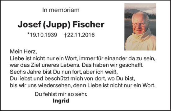 Traueranzeige von Josef Fischer von vrm-trauer Wiesbadener Kurier