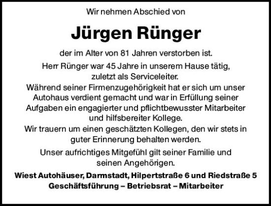 Traueranzeige von Jürgen Rünger von vrm-trauer Darmstädter Echo