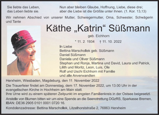 Traueranzeige von Käthe Süßmann von vrm-trauer AZ Mainz