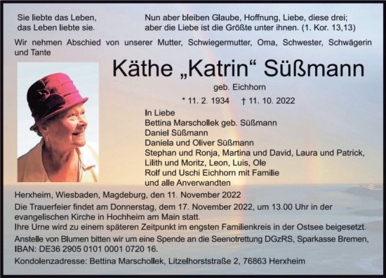 Traueranzeige von Käthe Süßmann von vrm-trauer Hochheimer Zeitung