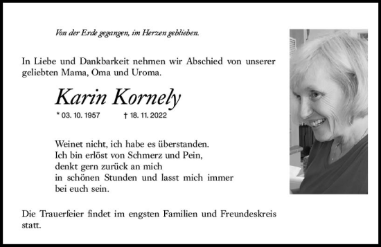 Traueranzeige von Karin Kornely von vrm-trauer Allgemeine  Zeitung Ingelheim-Bingen