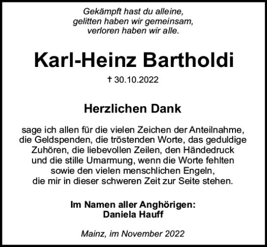 Traueranzeige von Karl-Heinz Bartholdi von vrm-trauer AZ Mainz
