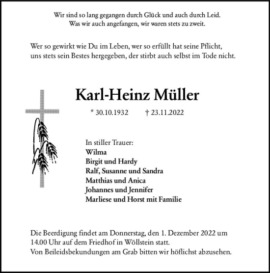 Traueranzeige von Karl-Heinz Müller von vrm-trauer Allgemeine Zeitung Alzey