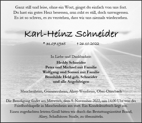Traueranzeige von Karl-Heinz Schneider von vrm-trauer Allgemeine Zeitung Alzey