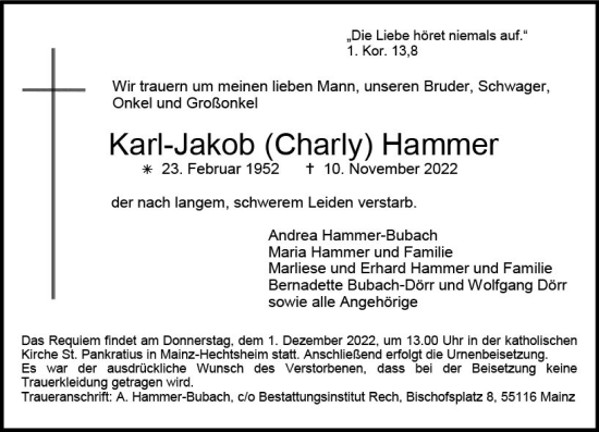 Traueranzeige von Karl-Jakob Hammer von vrm-trauer AZ Mainz