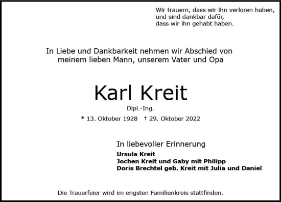 Traueranzeige von Karl Kreit von vrm-trauer Wiesbadener Kurier