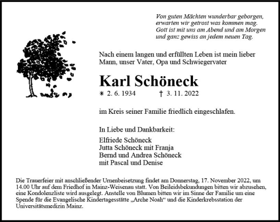 Traueranzeige von Karl Schöneck von vrm-trauer AZ Mainz