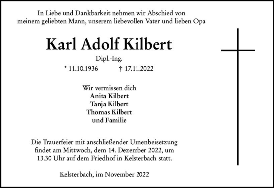 Traueranzeige von Karl Adolf Kilbert von vrm-trauer Rüsselsheimer Echo / MainSpitze