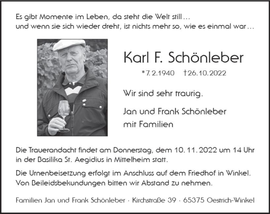 Traueranzeige von Karl F. Schönleber von vrm-trauer Wiesbadener Kurier
