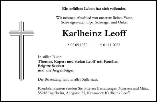 Traueranzeige von Karlheinz Leoff von vrm-trauer Allgemeine  Zeitung Ingelheim-Bingen