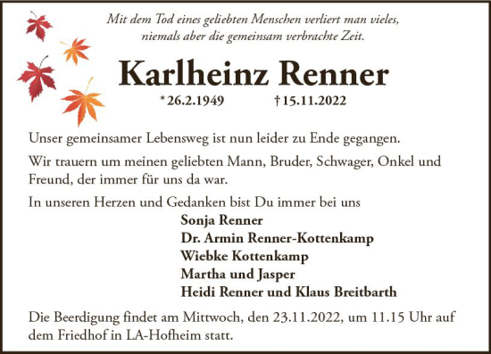 Traueranzeige von Karlheinz Renner von vrm-trauer Wormser Zeitung
