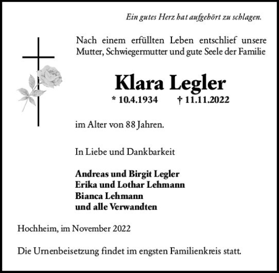 Traueranzeige von Klara Legler von vrm-trauer Hochheimer Zeitung