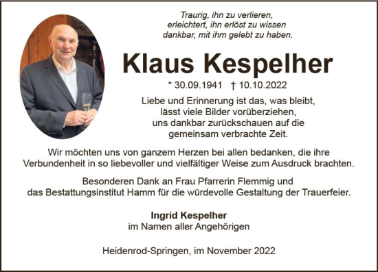 Traueranzeige von Klaus Kespelher von vrm-trauer Wiesbadener Kurier