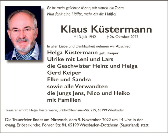 Traueranzeige von Klaus Küstermann von vrm-trauer Wiesbadener Kurier