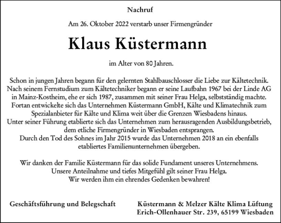 Traueranzeige von Klaus Küstermann von vrm-trauer Wiesbadener Kurier