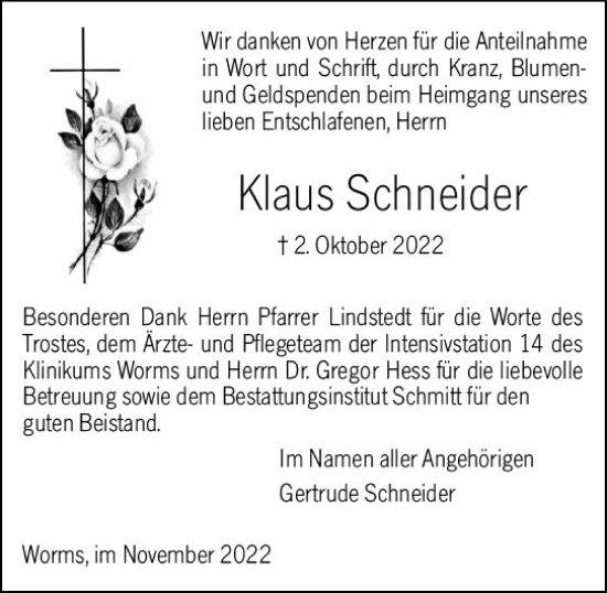 Traueranzeige von Klaus Schneider von vrm-trauer Wormser Zeitung