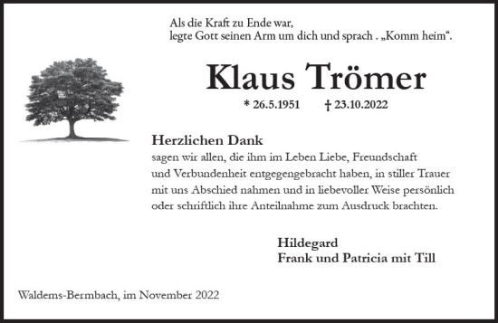 Traueranzeige von Klaus Trömer von vrm-trauer Idsteiner Zeitung