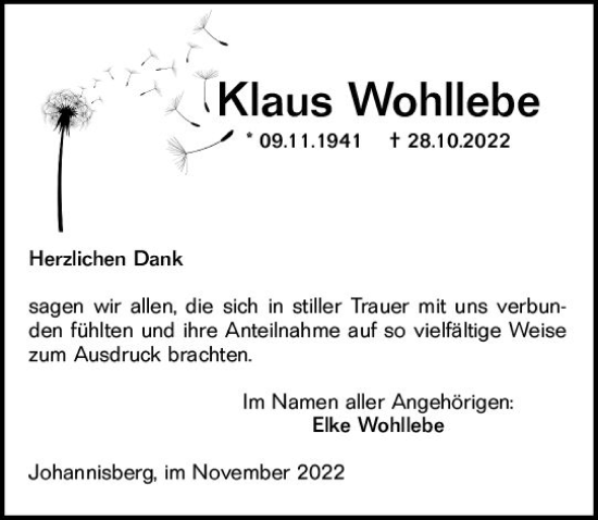 Traueranzeige von Klaus Wohllebe von vrm-trauer Wiesbadener Kurier