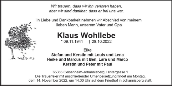Traueranzeige von Klaus Wohllebe von vrm-trauer Wiesbadener Kurier