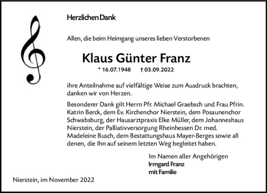 Traueranzeige von Klaus Günter Franz von vrm-trauer AZ Mainz