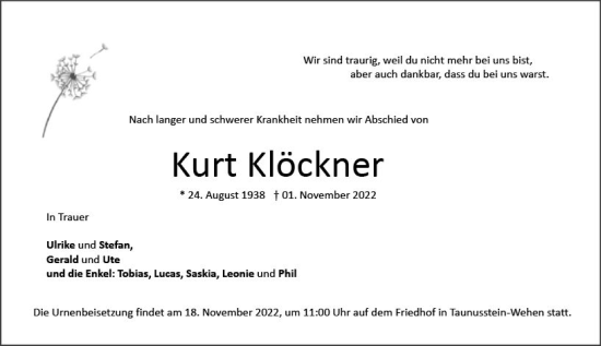 Traueranzeige von Kurt Klöckner von vrm-trauer Wiesbadener Kurier