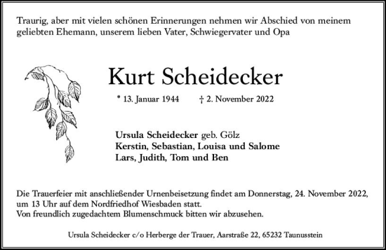 Traueranzeige von Kurt Scheidecker von vrm-trauer Wiesbadener Kurier