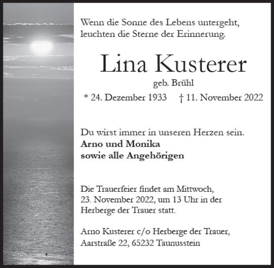 Traueranzeige von Lina Kusterer von vrm-trauer Wiesbadener Kurier