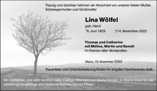 Traueranzeige von Lina Wölfel von vrm-trauer AZ Mainz
