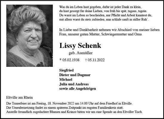 Traueranzeige von Lissy Schenk von vrm-trauer Rheingau
