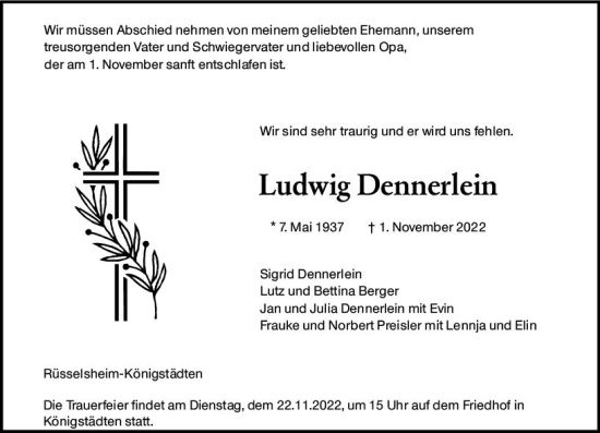 Traueranzeige von Ludwig Dennerlein von vrm-trauer Rüsselsheimer Echo / MainSpitze