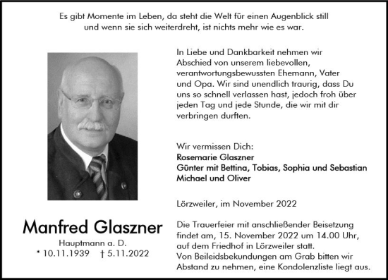 Traueranzeige von Manfred Glaszner von vrm-trauer AZ Mainz