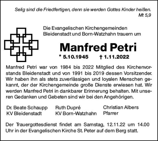 Traueranzeige von Manfred Petri von vrm-trauer Wiesbadener Kurier
