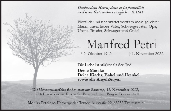 Traueranzeige von Manfred Petri von vrm-trauer Wiesbadener Kurier