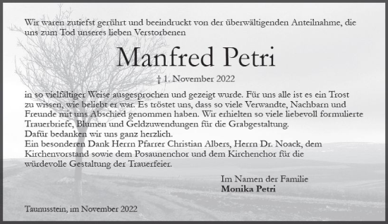 Traueranzeige von Manfred Petri von vrm-trauer Wiesbadener Kurier