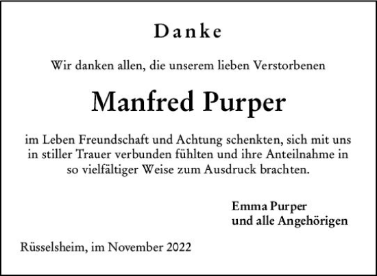 Traueranzeige von Manfred Purper von vrm-trauer Rüsselsheimer Echo / MainSpitze
