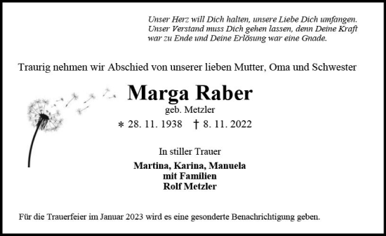 Traueranzeige von Marga Raber von vrm-trauer AZ Mainz