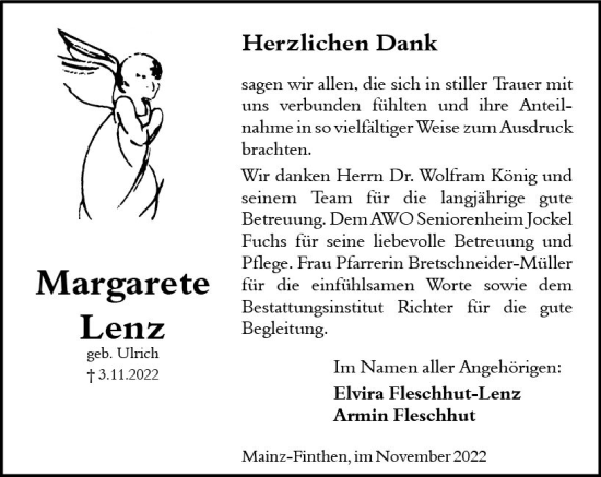Traueranzeige von Margarete Lenz von vrm-trauer AZ Mainz