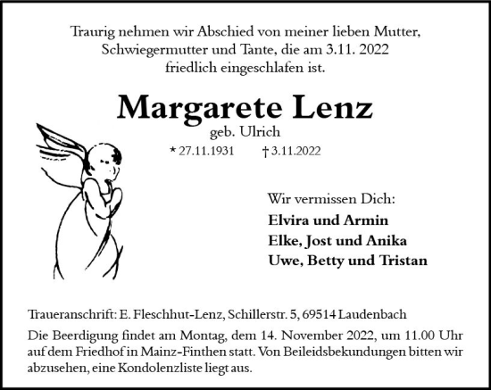 Traueranzeige von Margarete Lenz von vrm-trauer AZ Mainz