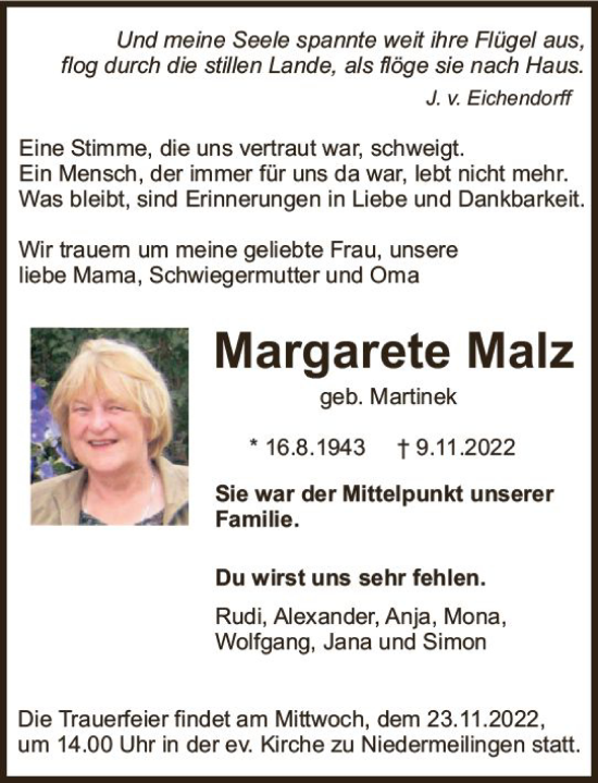 Traueranzeige von Margarete Malz von vrm-trauer Wiesbadener Kurier