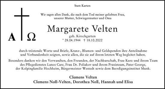 Traueranzeige von Margarete Velten von vrm-trauer Hochheimer Zeitung