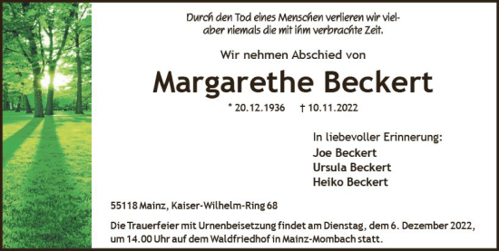 Traueranzeige von Margarethe Beckert von vrm-trauer AZ Mainz