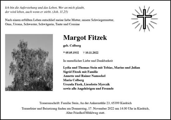 Traueranzeige von Margot Fitzek von vrm-trauer Wiesbadener Kurier