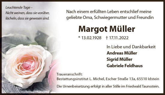Traueranzeige von Margot Müller von vrm-trauer Idsteiner Zeitung